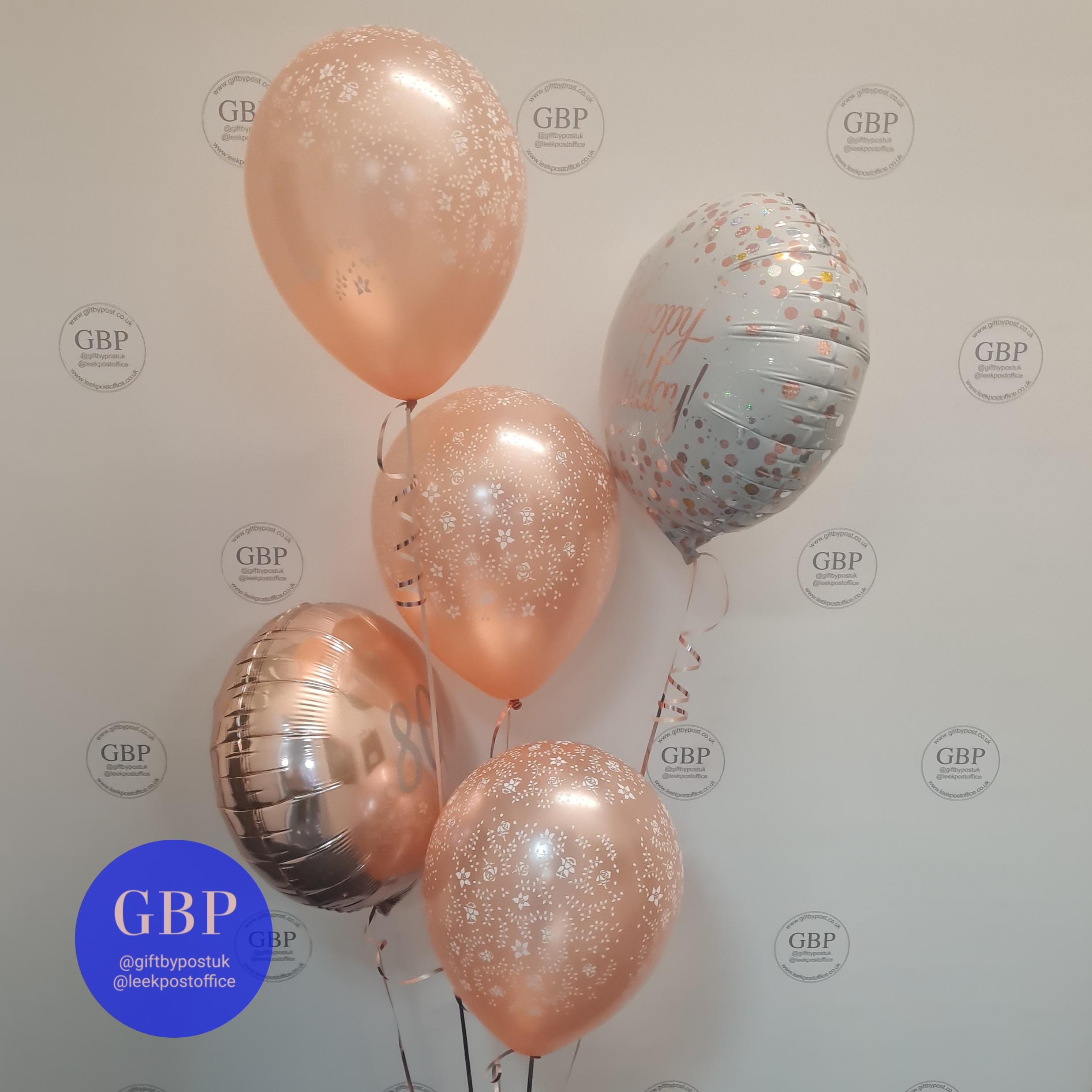 5 Balloon bouquet 2 foil 3 latex, rose gold happy birthday