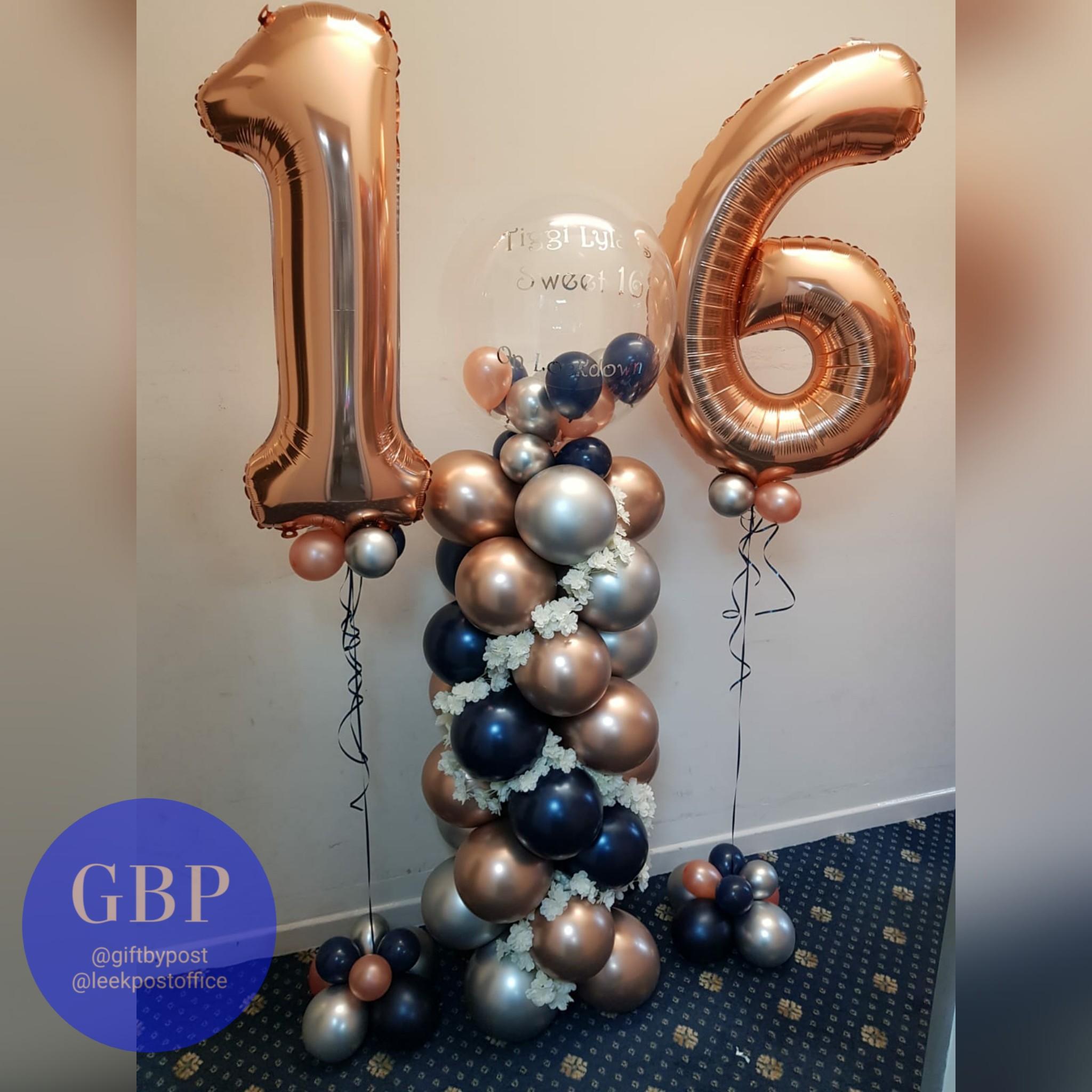 Age 16, Rose Gold Numbers, Rose Gold and Navy Balloon column