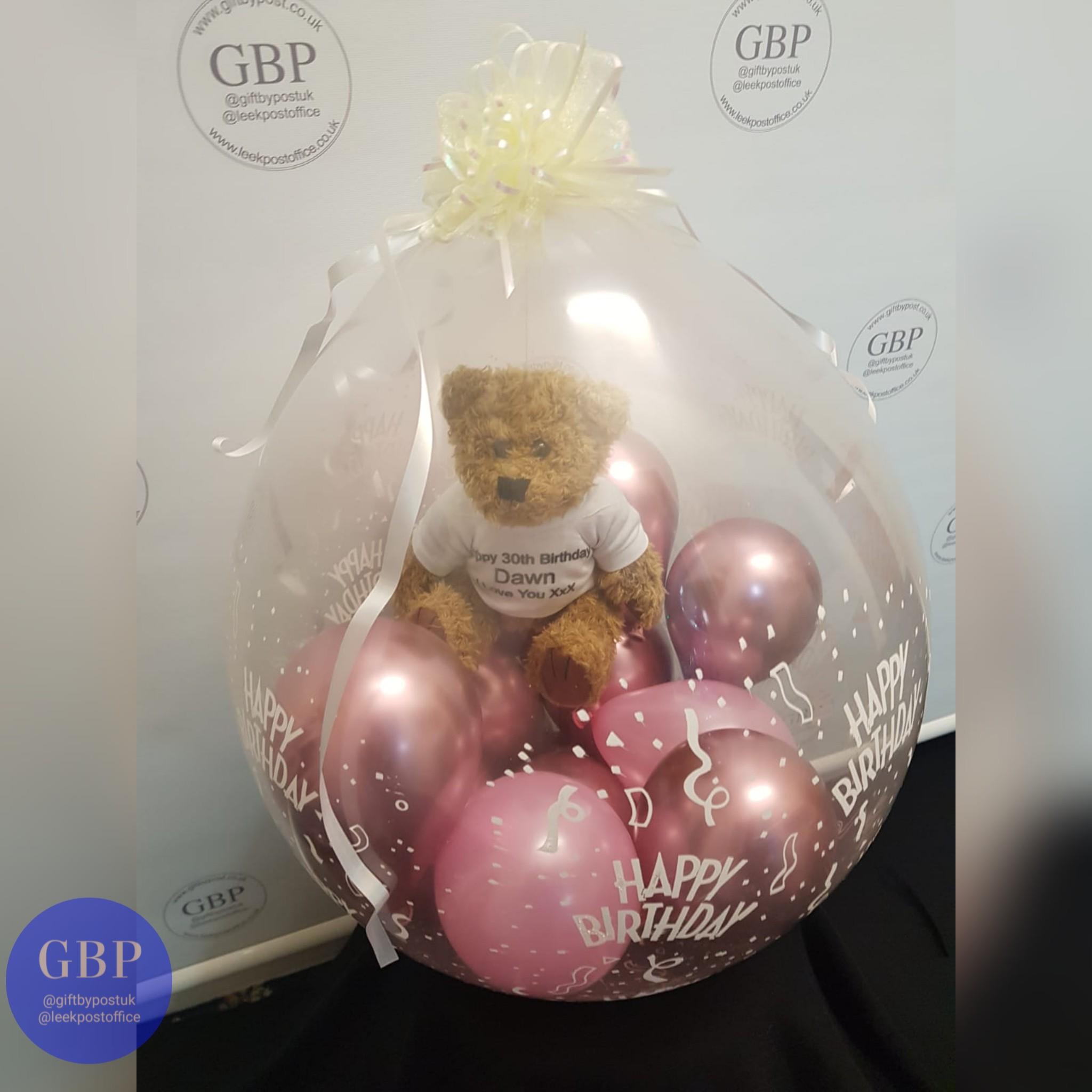 Teddy in a balloon, Happy Birthday, Pink