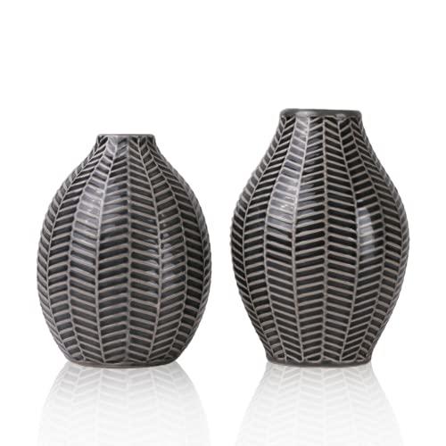 Set of 2, Black and Grey Scandi Style Ceramic Vases