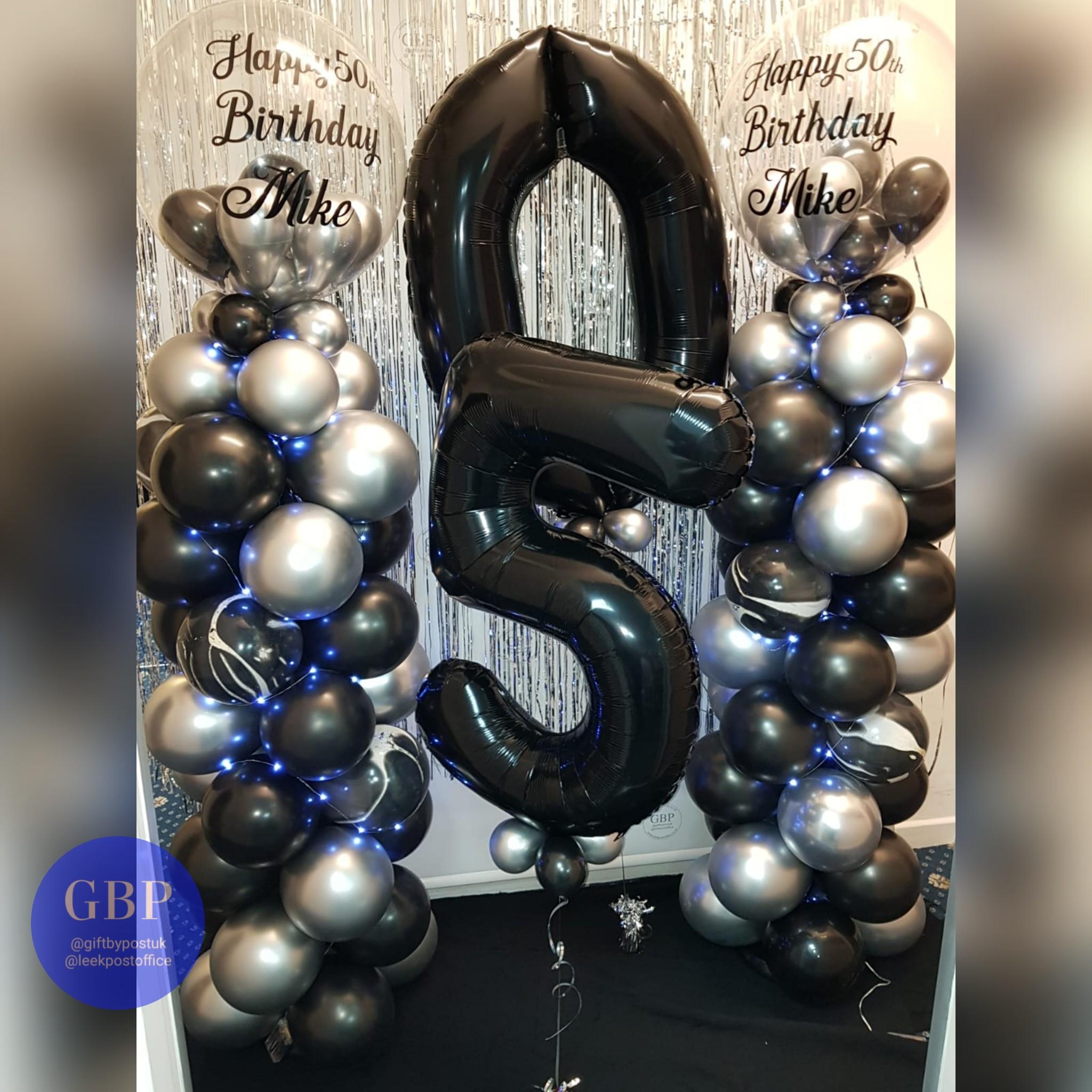 Age 50, Black Numbers, Black and Silver Balloon column