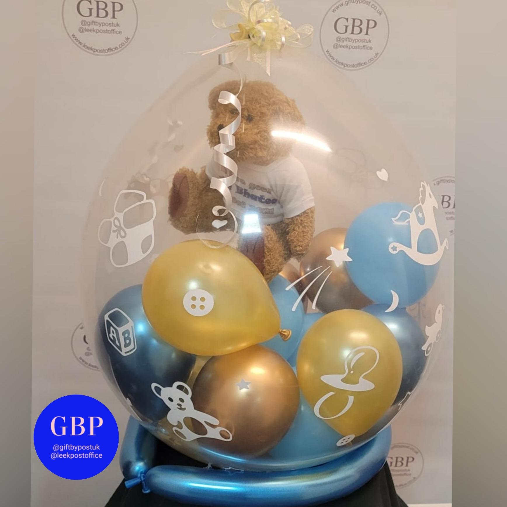 Teddy in a balloon, New Baby, Gold and Blue