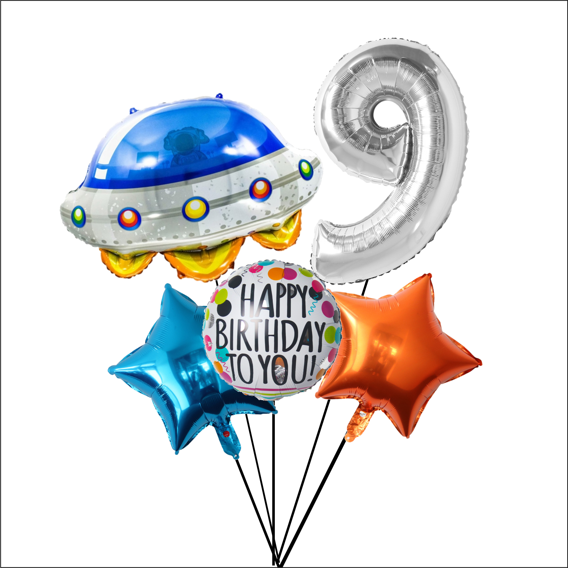 Large number and UFO balloon bouquet