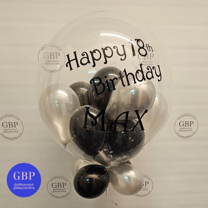 Bubble balloon, contains small balloons, personalised, Black and Silver