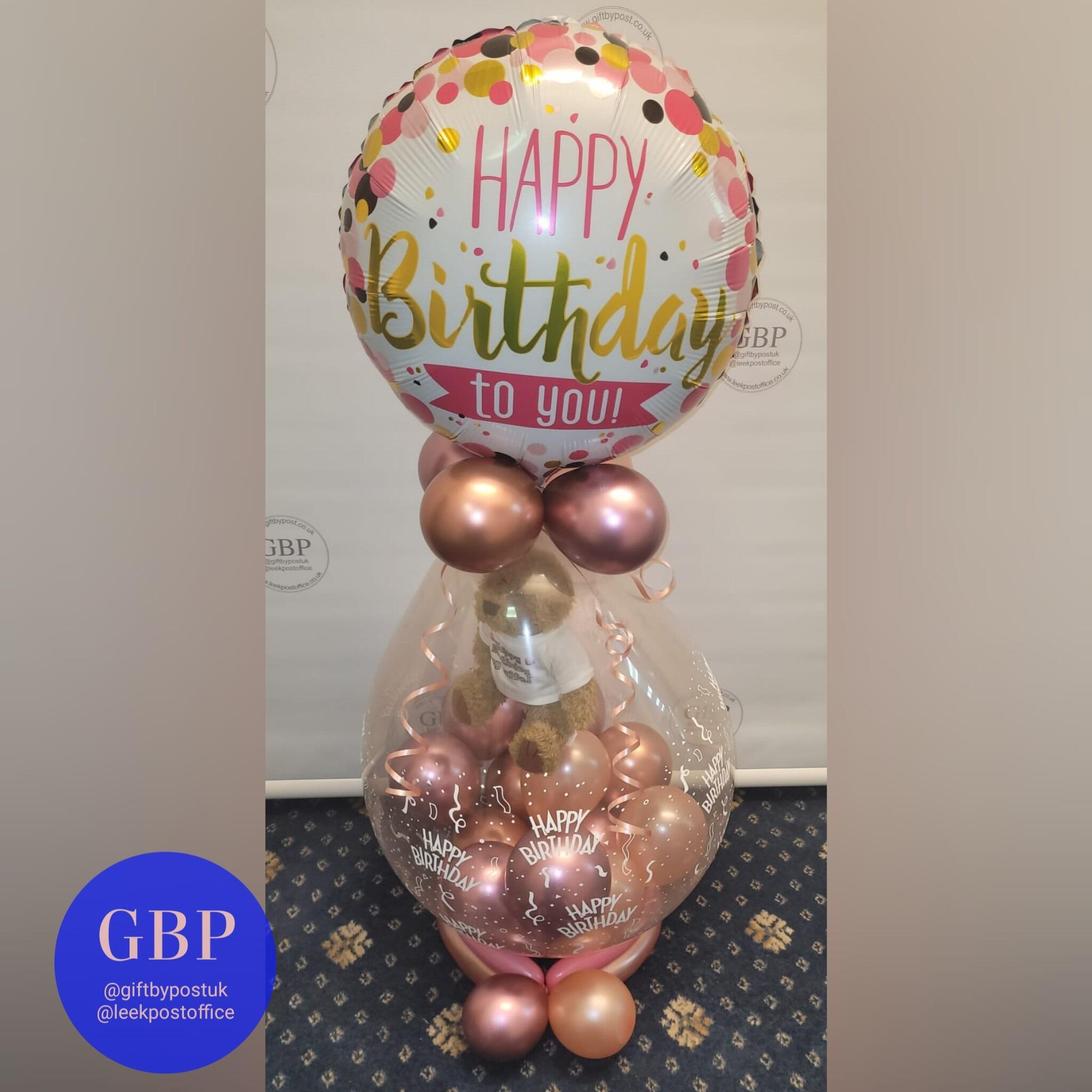 Teddy in a balloon, Happy Birthday, Rose Gold, Foil