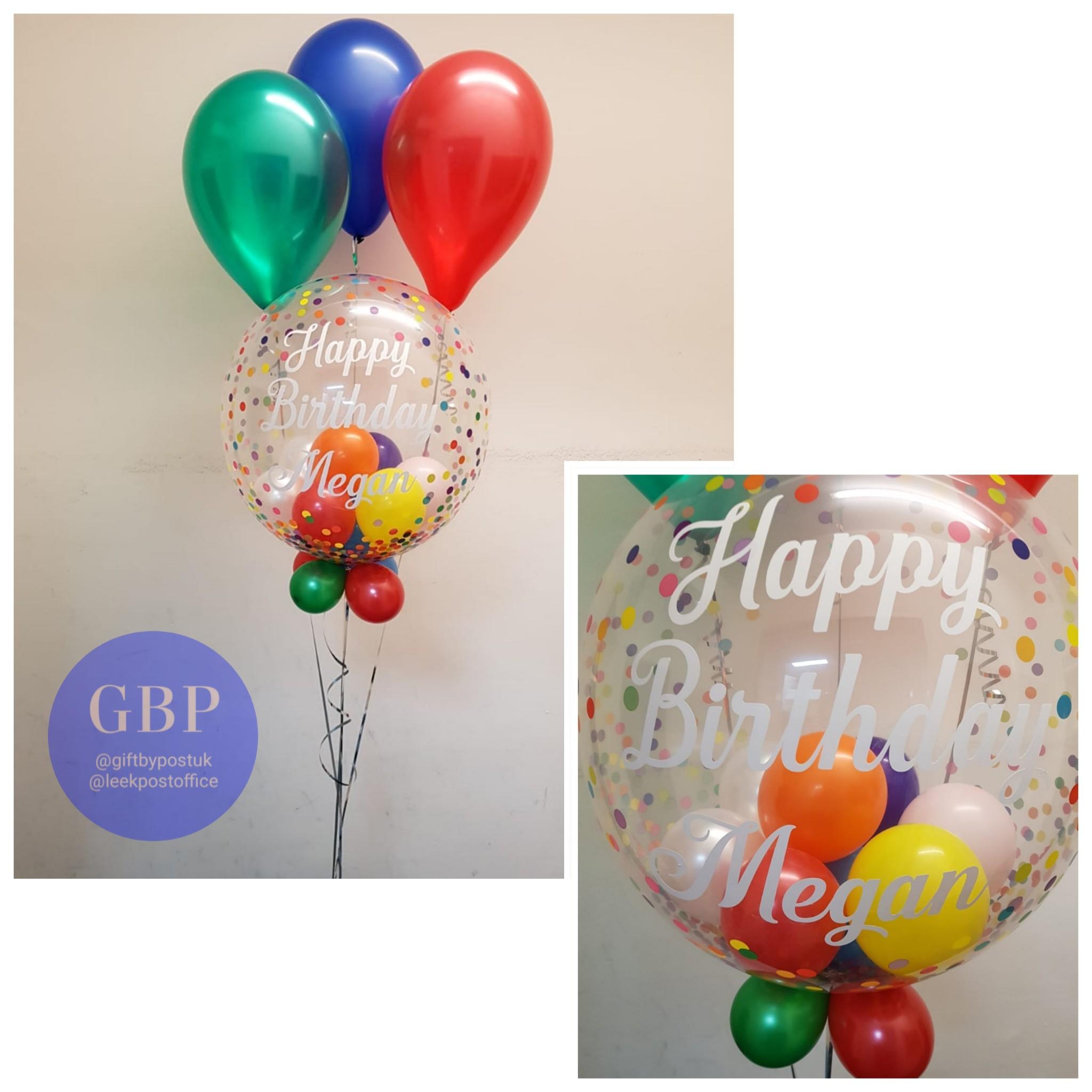 Bubble balloon, contains small balloons, personalised, multi coloured with 3 latex behind