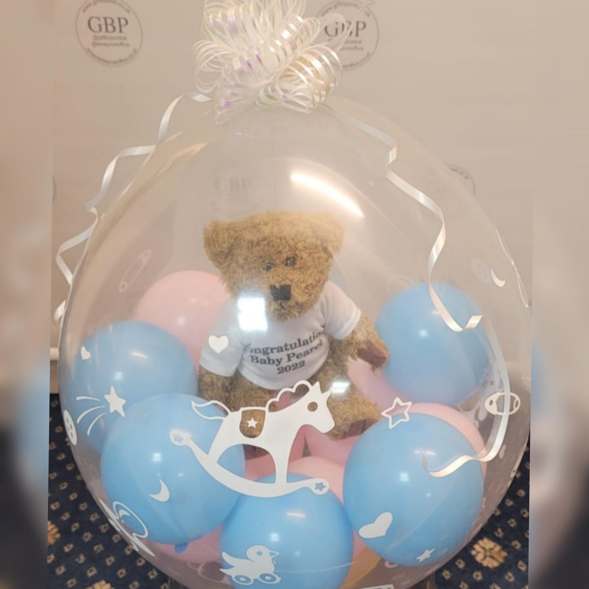 Teddy in a balloon, New Baby, Pink and Blue
