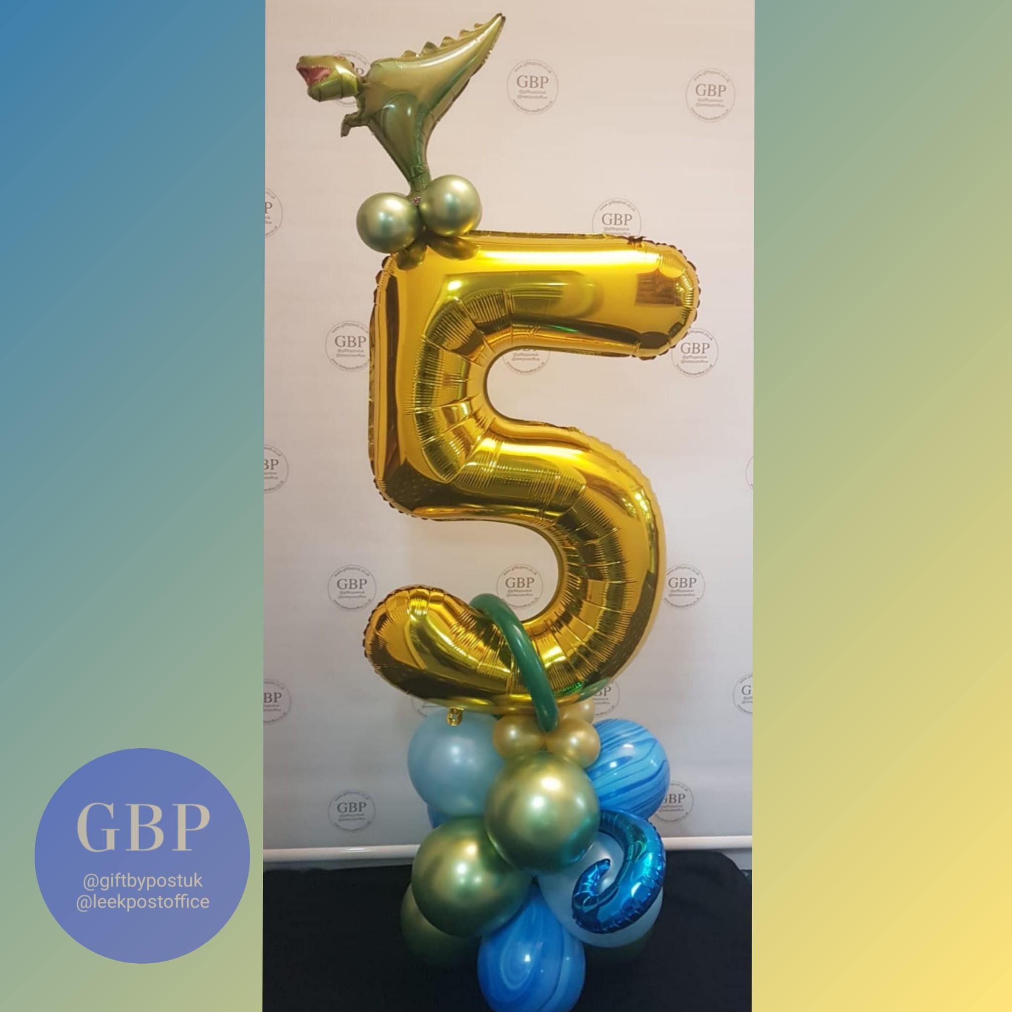 Large Number balloon, age 5, gold and dinosaur
