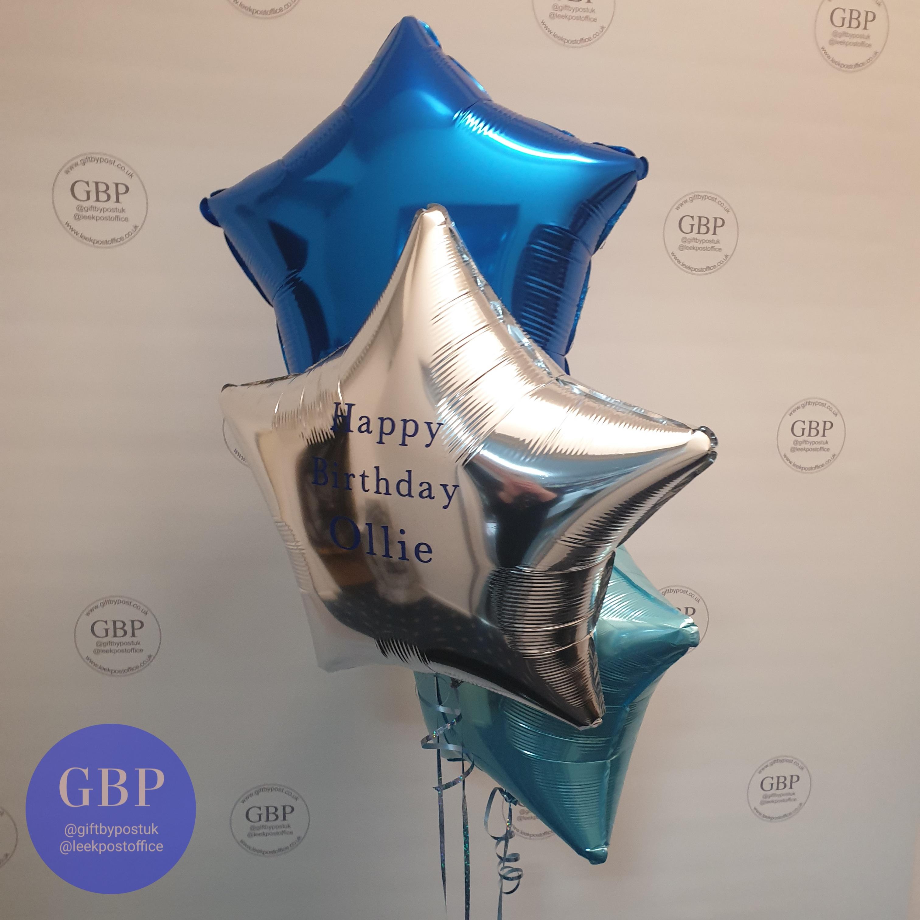 3 Star balloons, personalised, blue silver and white