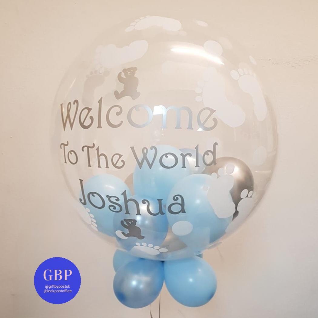 Welcome to the world new baby bubble balloon blue and white
