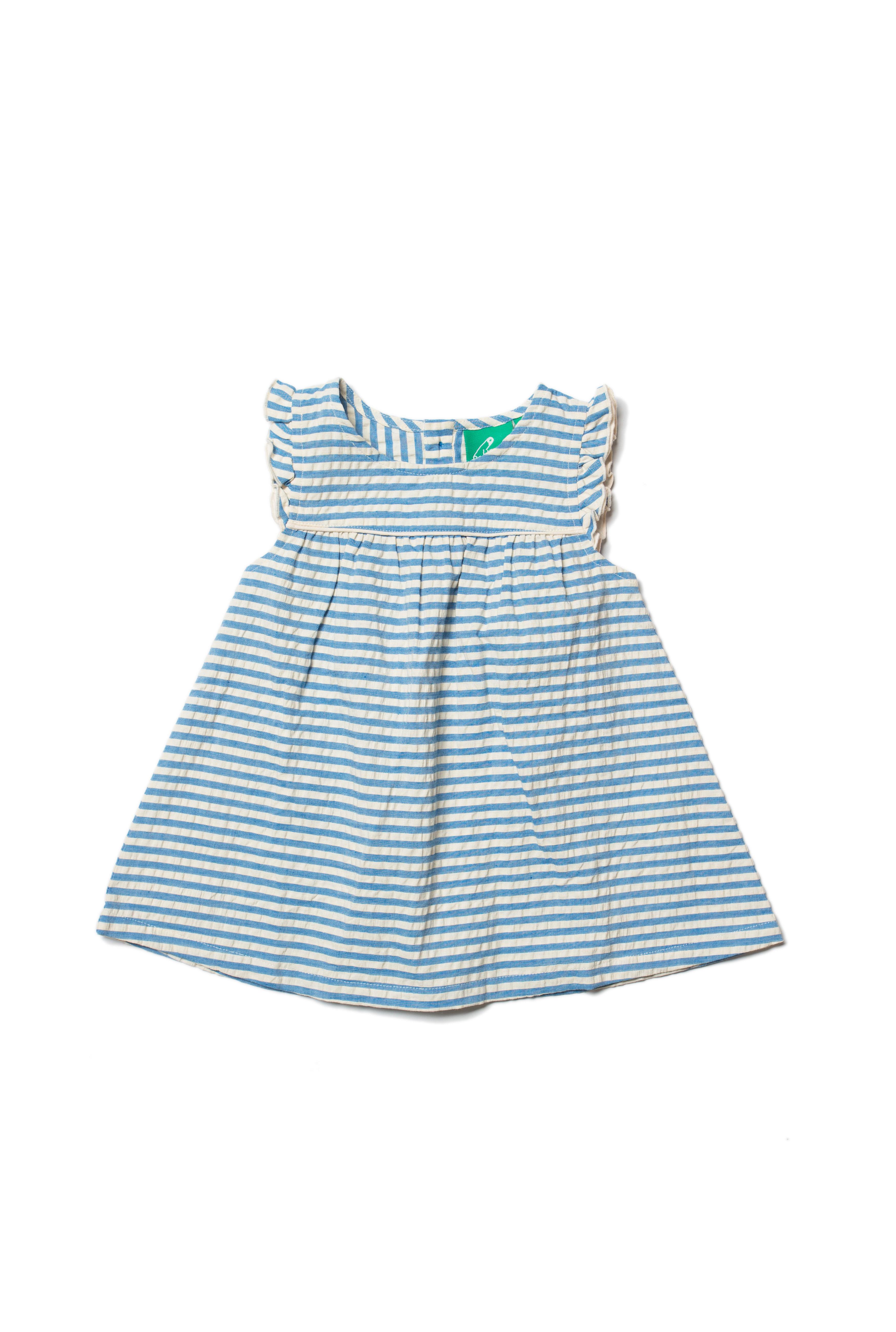 Product image of blue and white stripe summer dress in seersucker cotton