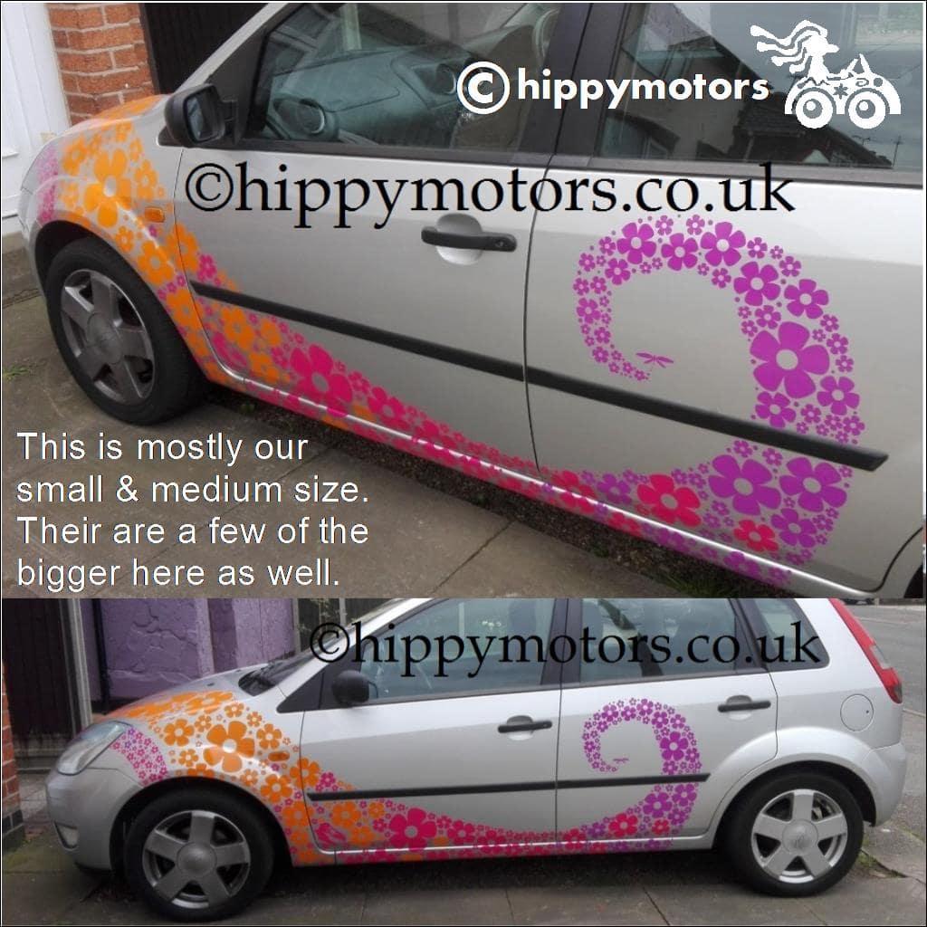 large pack of wizz flower vinyl decals on car by hippy motors