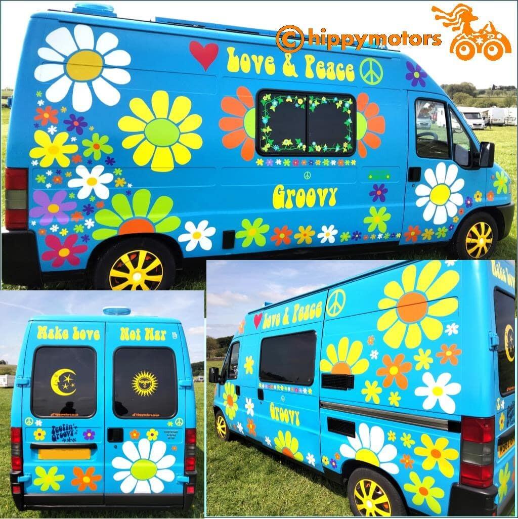 camper van covered in vinyl daisy car stickers and custom wording
