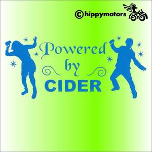 vinyl decal showing dancing hippies drunk on cider or, maybe powered by cider