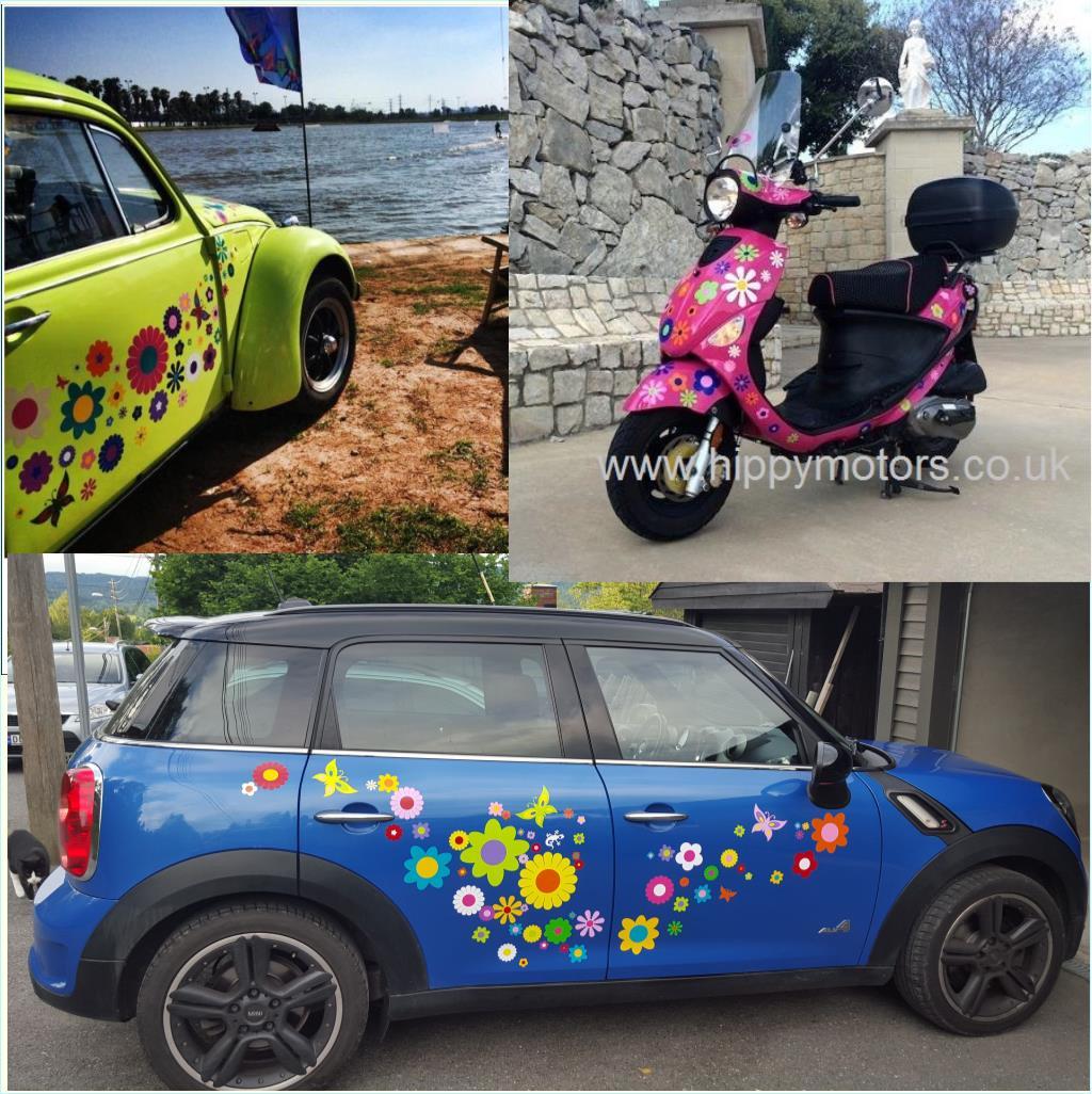 Flower scooter car stickers on VW beetle by a lake