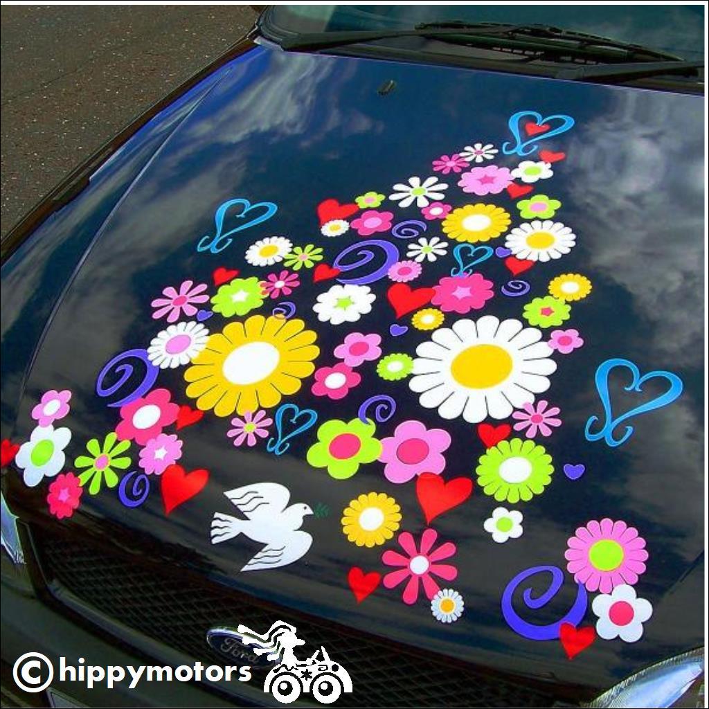 heart curl flower vinyl decals on car bonnet