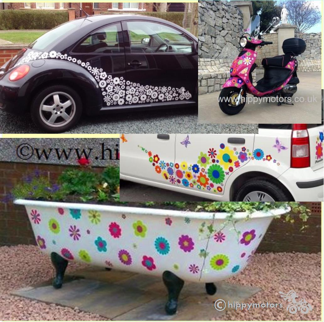 flower vinyl stickers on bath scooter and VW beetle