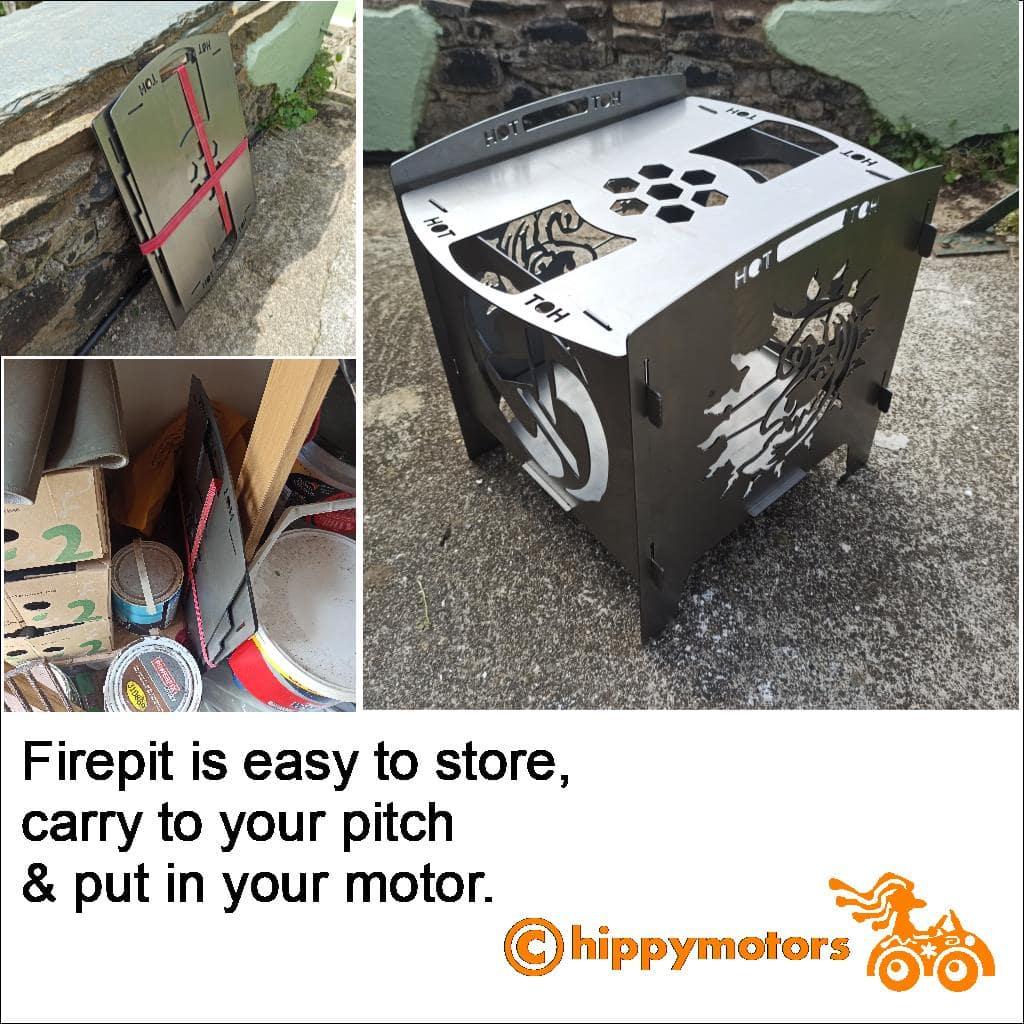Portable firepit collapsed and stored
