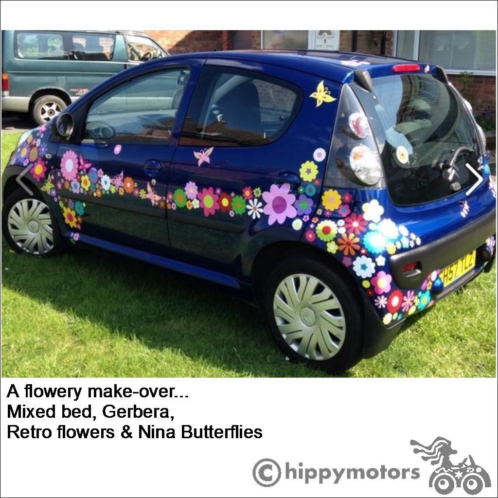 flower and butterfly decals on a car