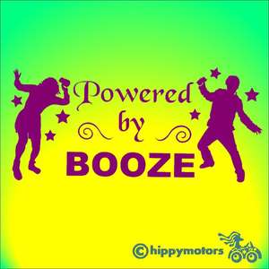 car decal or sticker saying powered by booze with dancing drunks