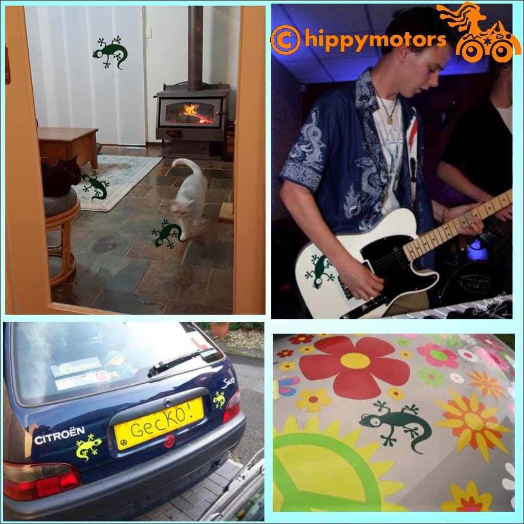 gecko car sticker lizard decal on glass window guitar and car