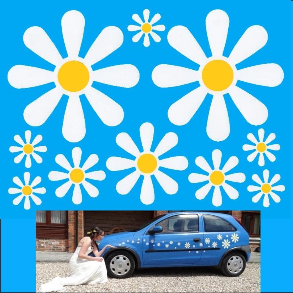 Daisy vinyl decal stickers on wedding car with bride
