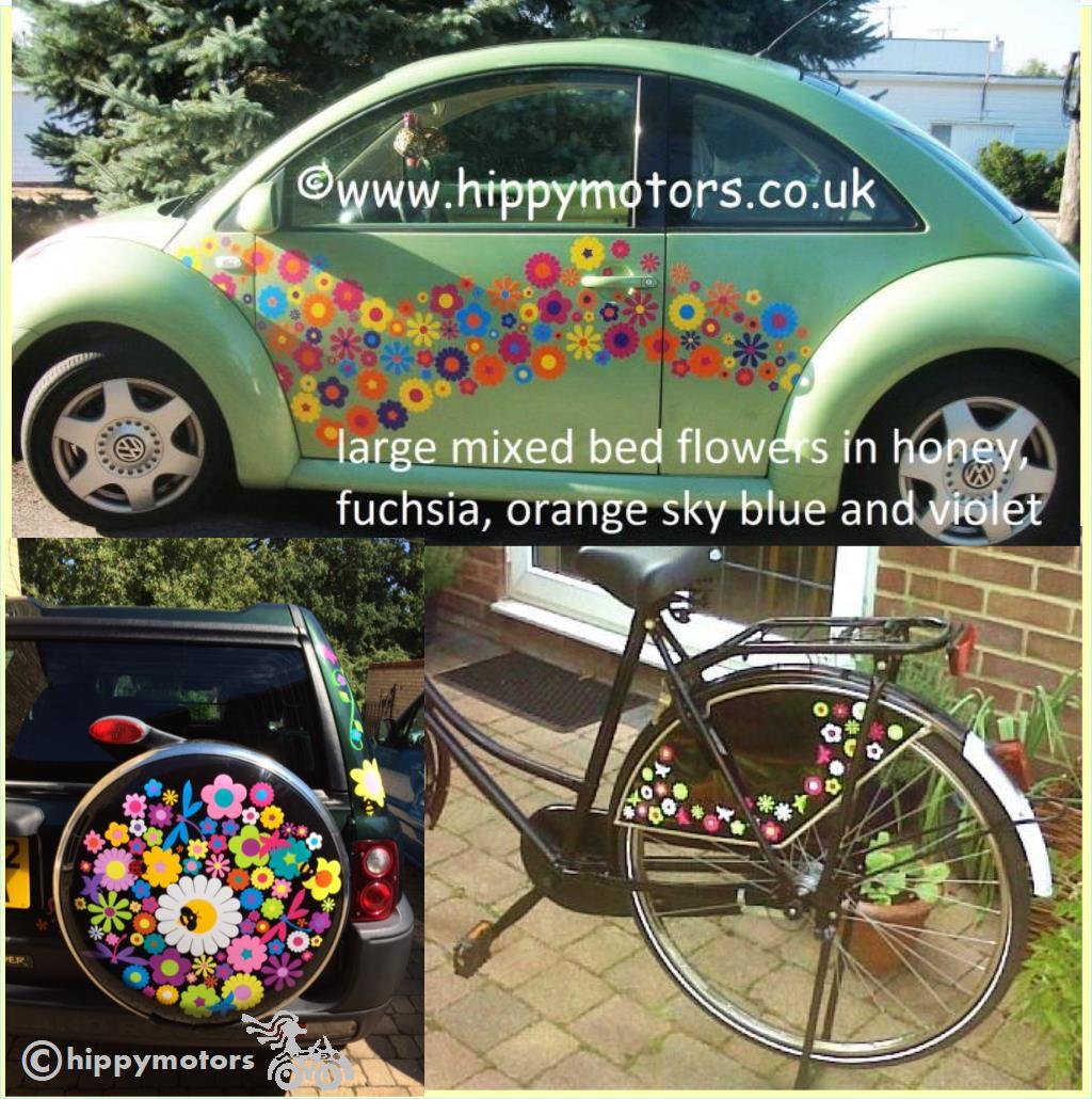 car with flower decals on bicycle flower stickers.