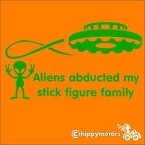 Aliend abducted my stick family decal on a car with a UFO flying saucer