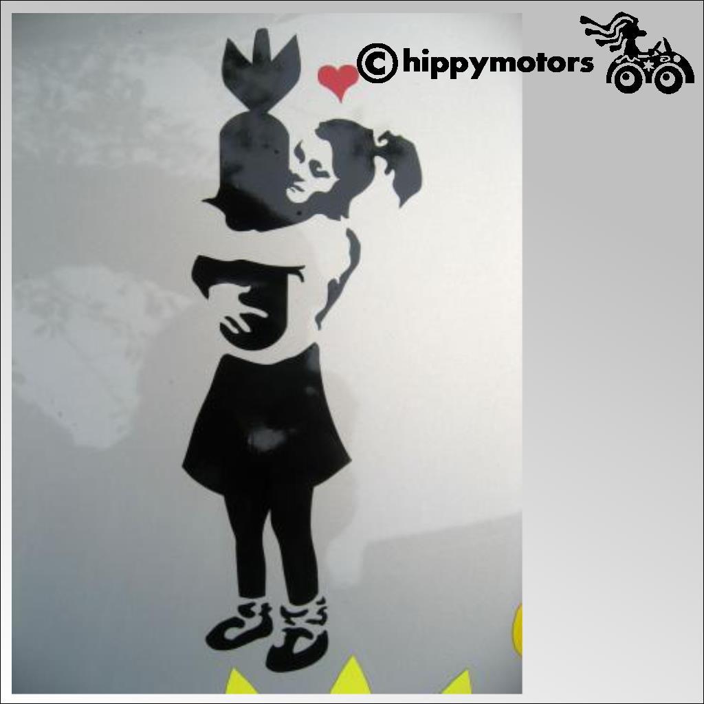 Child Hugging Bomb Banksy sticker made using external grade vinyl