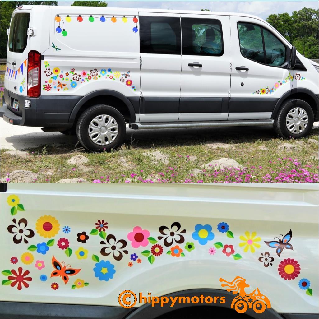 flower vinyl and butterfly decals on camper van