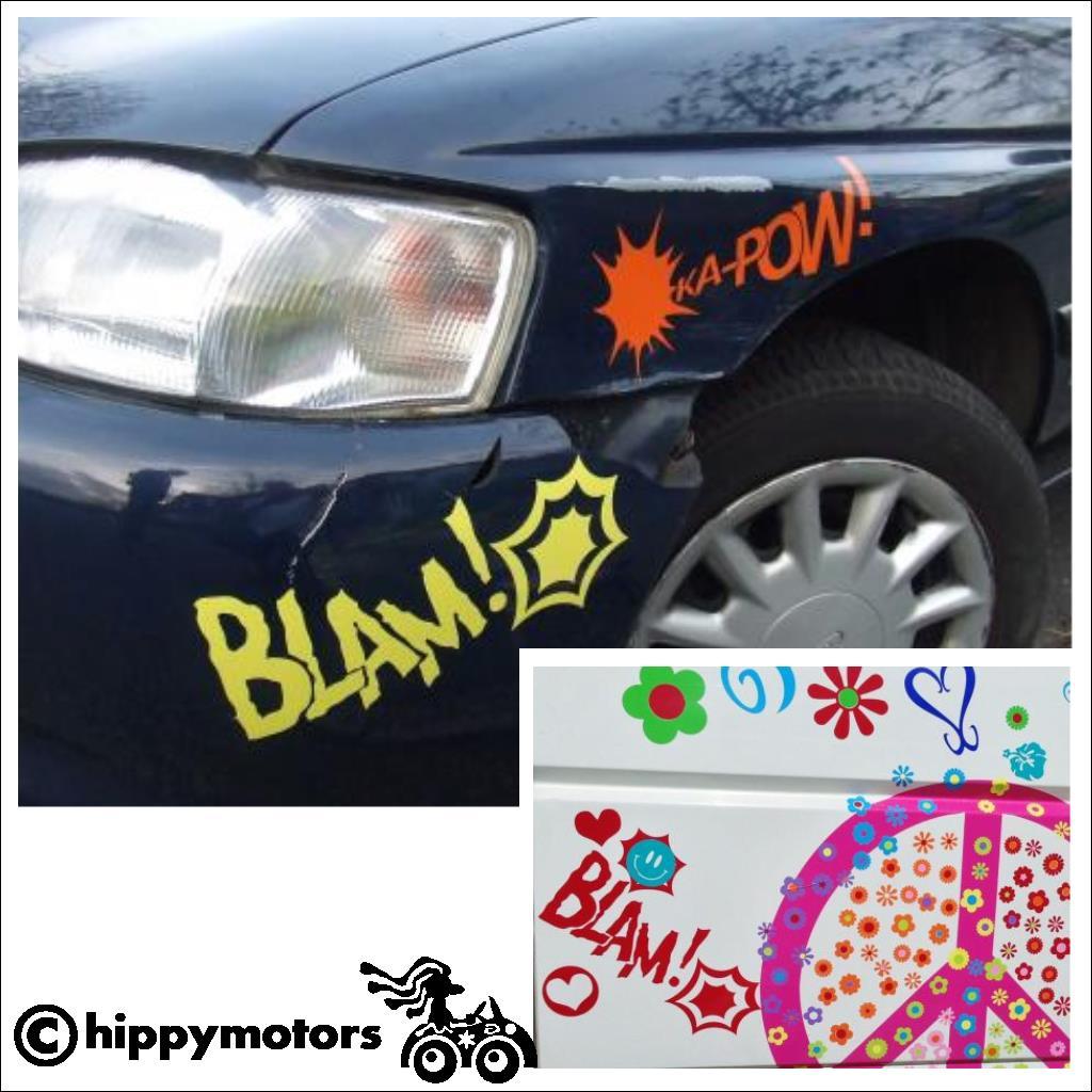blam sticker on dented car.