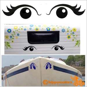 Giant eye vinyl decals on caravan and boat