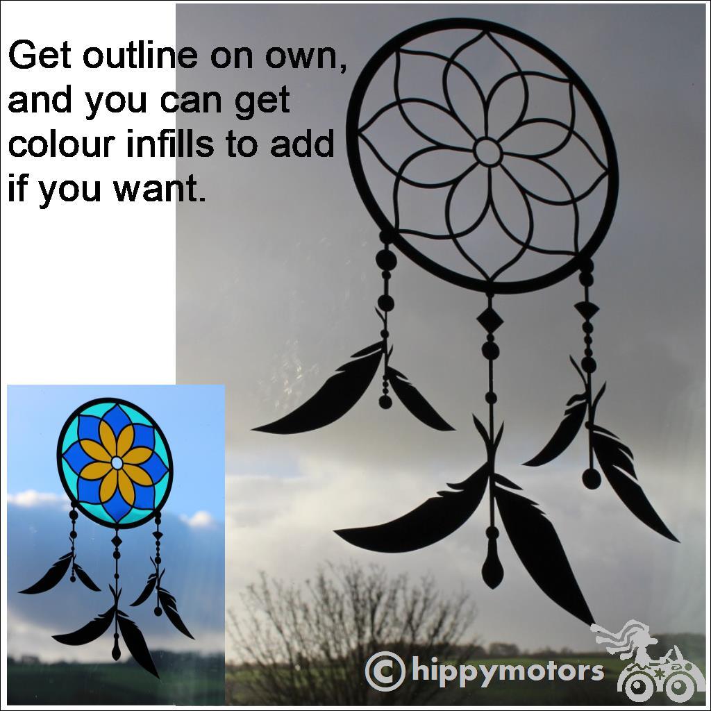 Dream catcher window decal sun catcher on a window with coloured panels