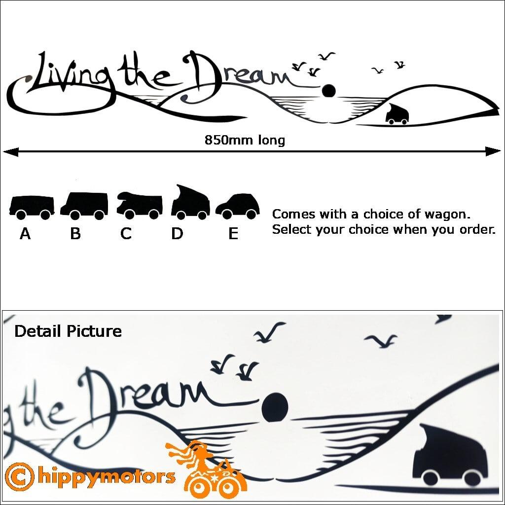 Living the dream sticker for campervan and cars showing product detail