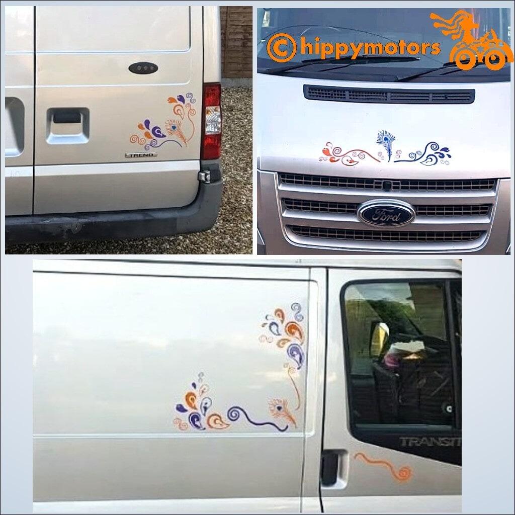 paisley and peacock feather vinyl decal stickers on campervan
