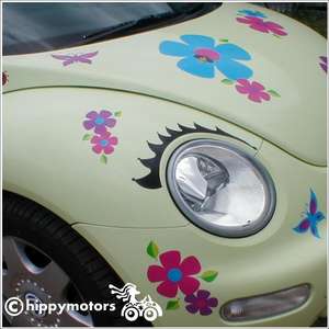 eye lash vinyl decals on VW beetle car with flower stickers