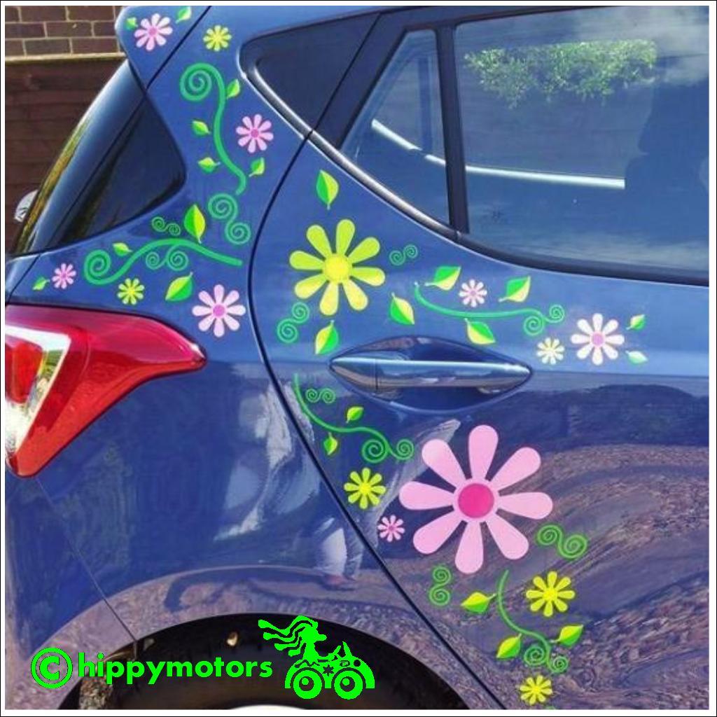 Daisy flower and leaf vinyl decals on a car