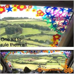 sun strip on a van with flowers stars CND symbols and butterflies