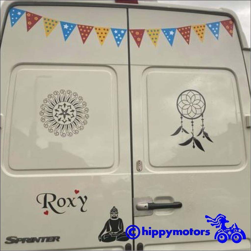 bunting mandala and dreamcatcher decals on campervan