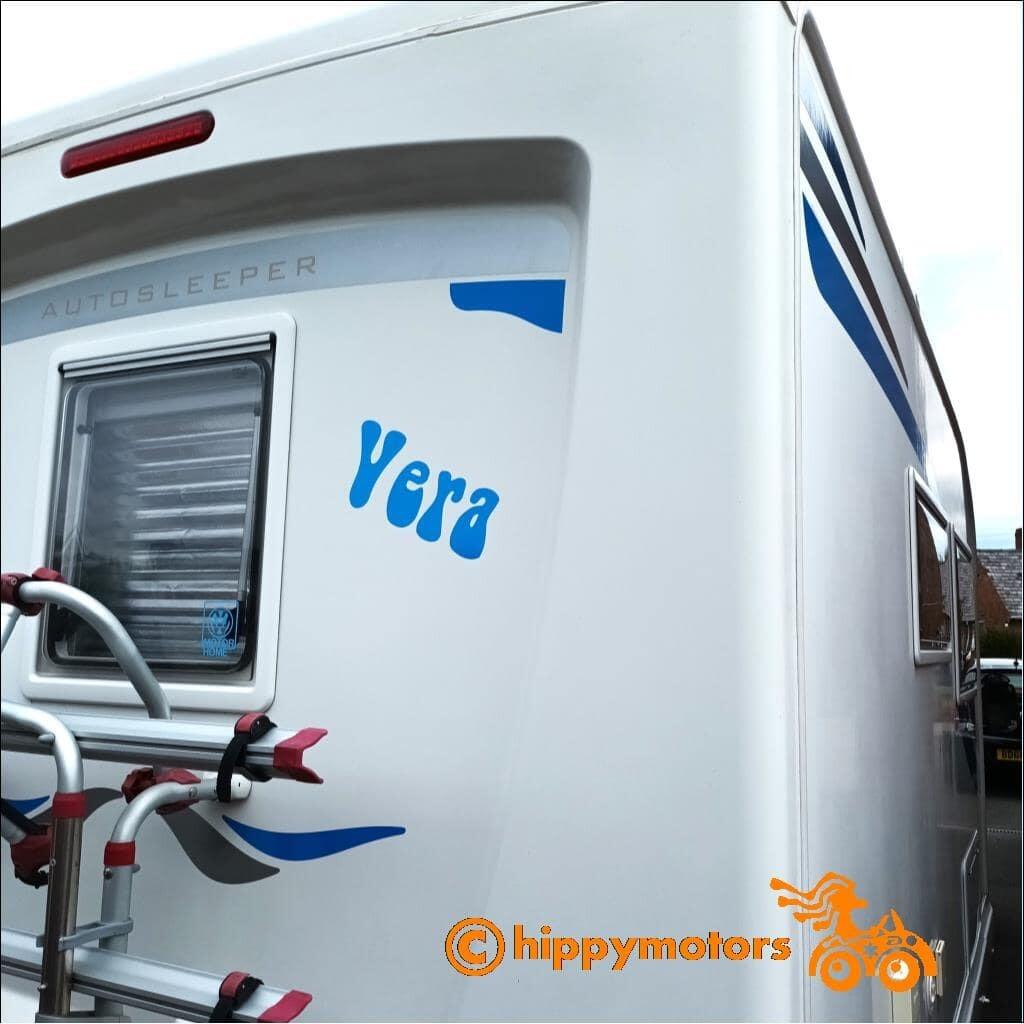 your name decal sticker on a caravan