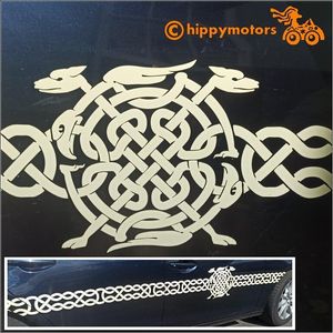 Celtic knotwork motif of hounds and birds decal on a car