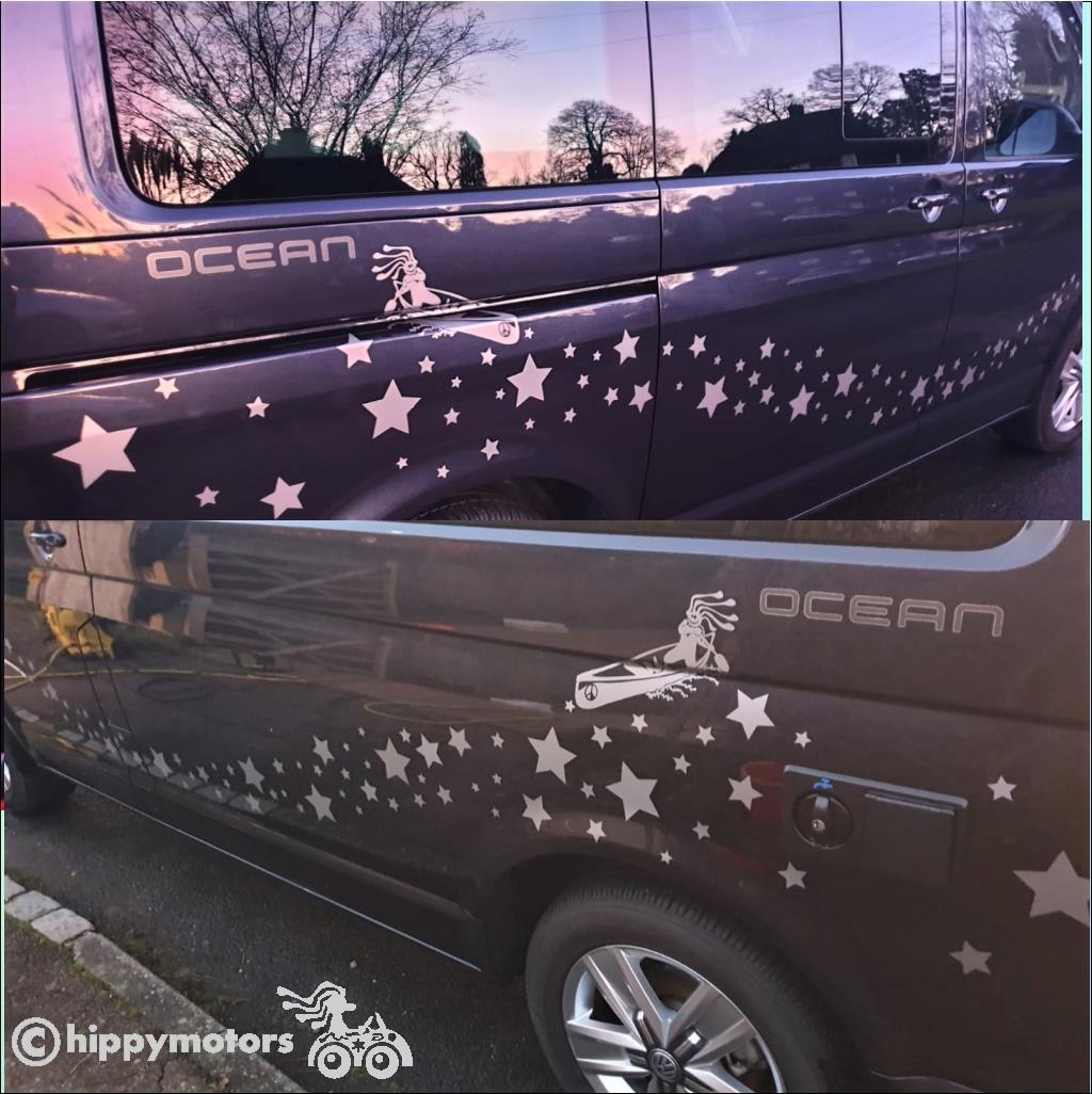 canoeist vinyl kayak decal sticker with stars on VW camper van