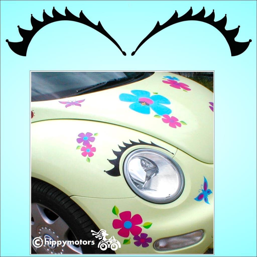 eye lash decals on VW beetle car with flower stickers