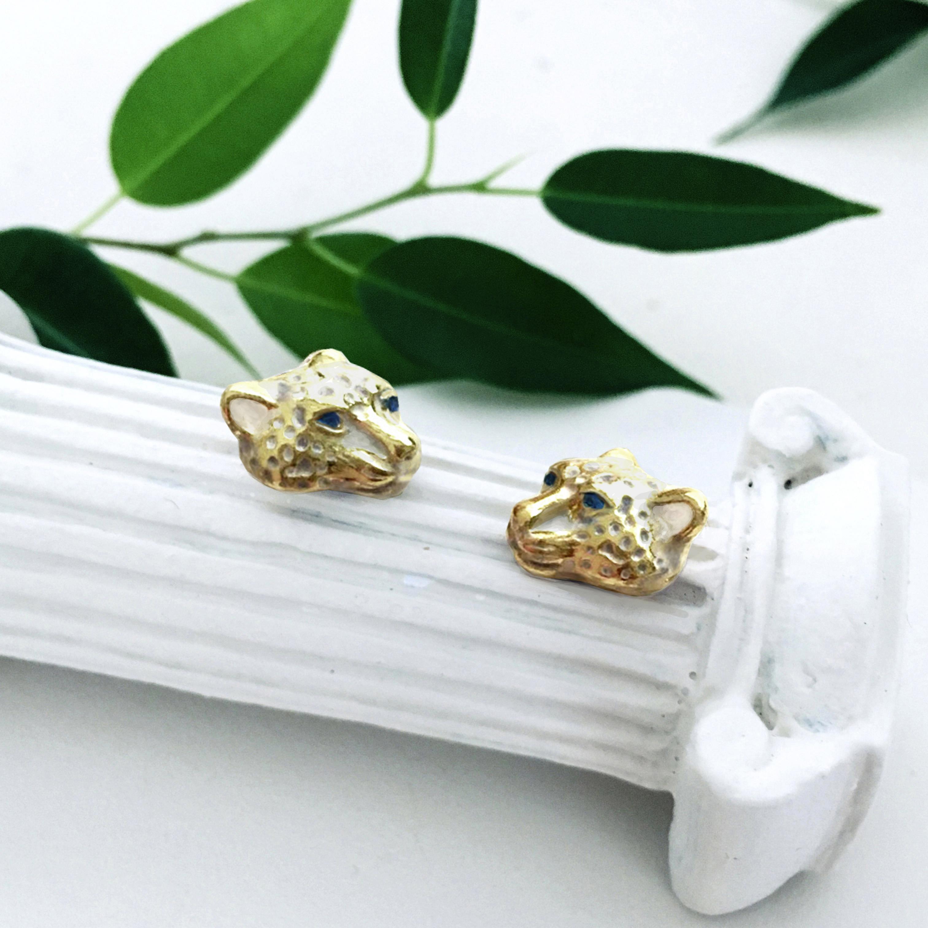 Menagerie - Enamelled Snow Leopard Stud Earrings