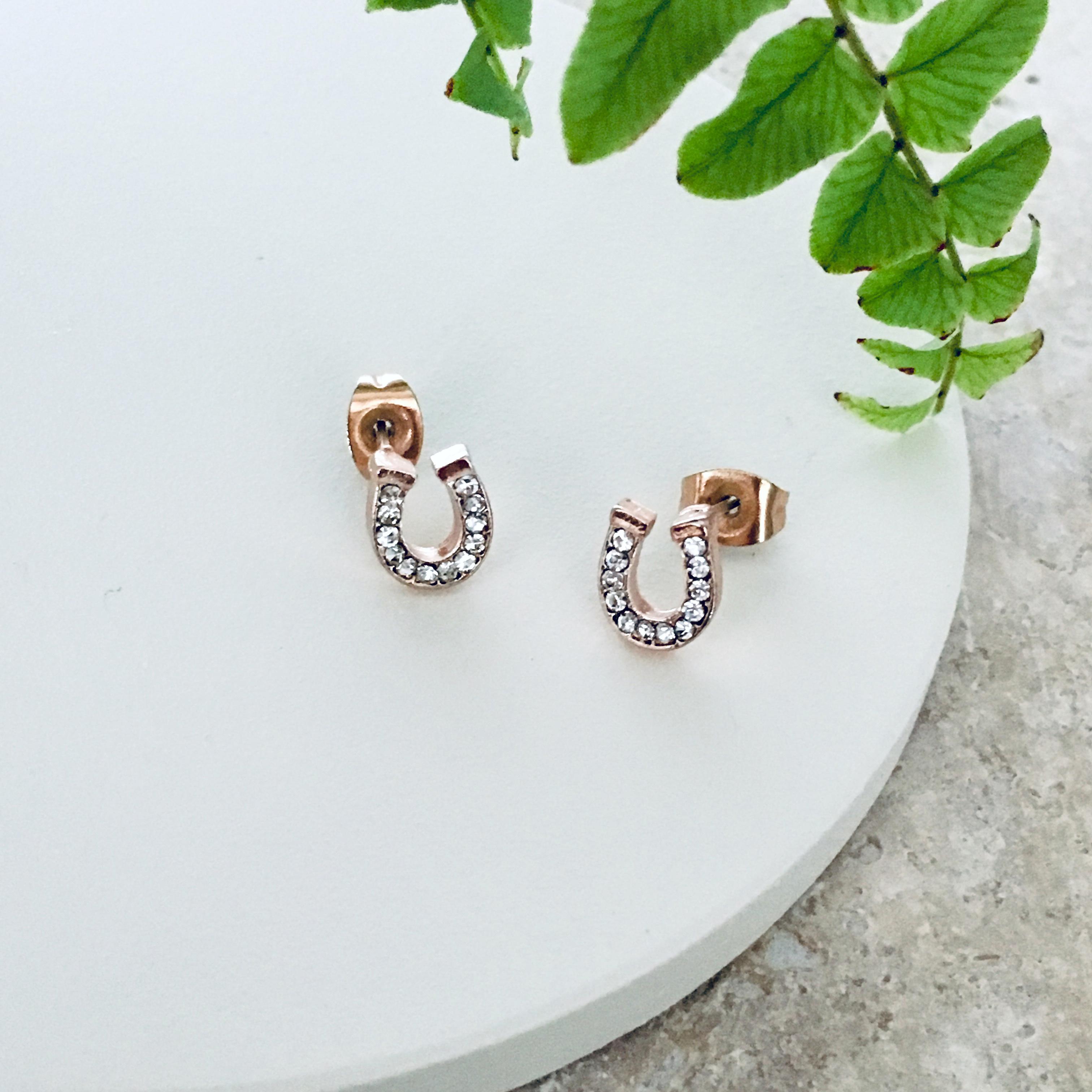Menagerie - Rose Gold Lucky Horseshoe Pave Stud Earrings