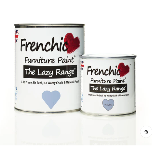 two tins showing various sizes of frenchic the lazy range in moody blue