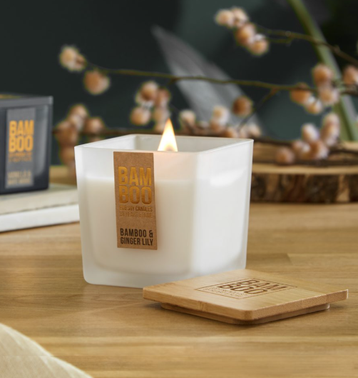lit up Eco-Friendly Candle in Bamboo & Ginger Lily