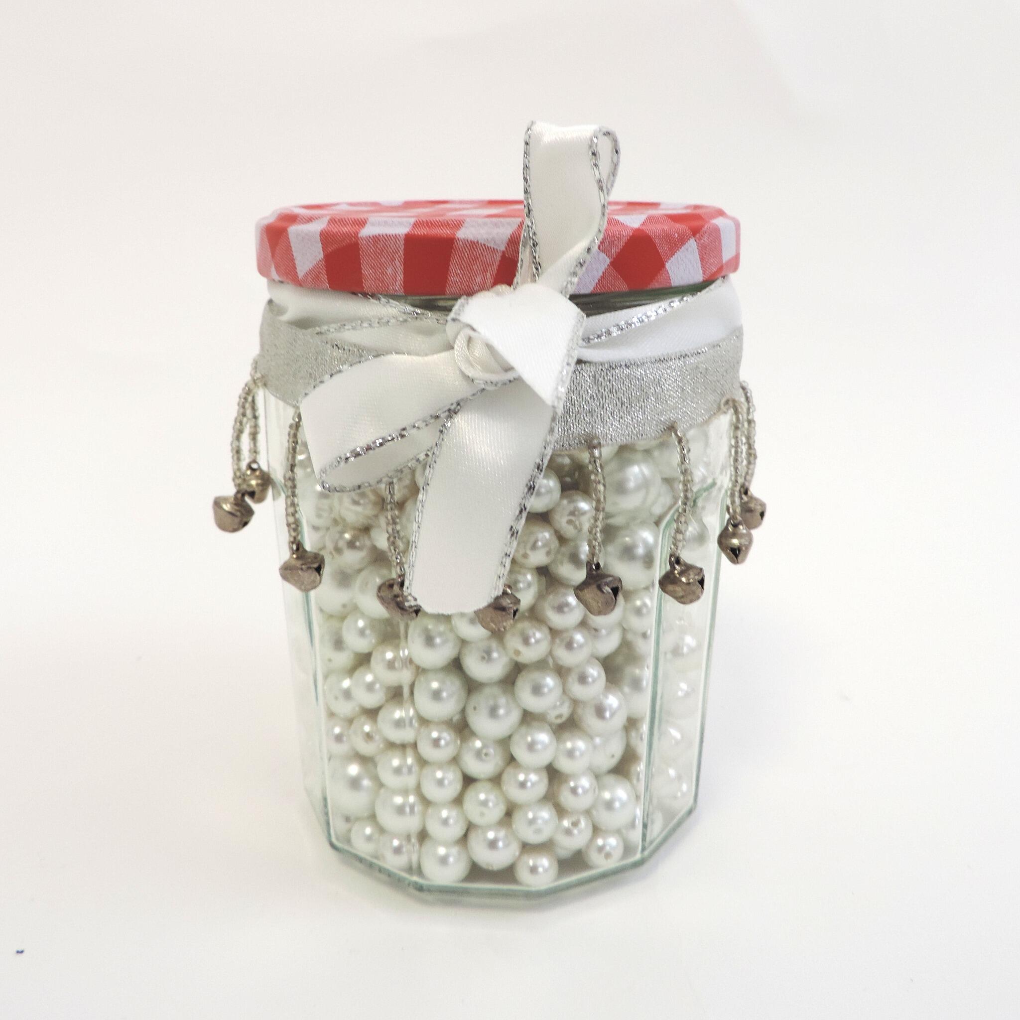 a jar of white beads