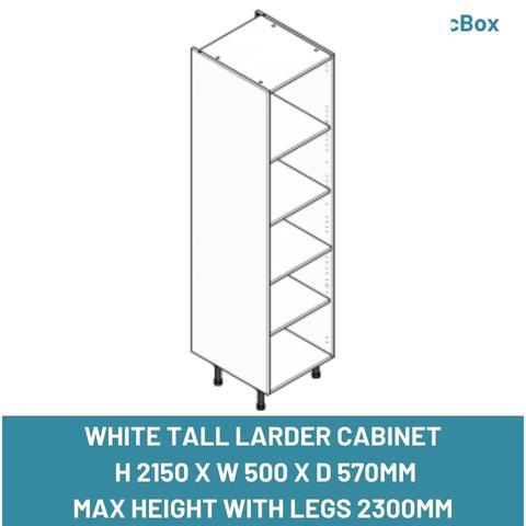 WHITE TALL LARDER CABINET  H 2150 X W 500 X D 570MM MAX HEIGHT WITH LEGS 2300MM