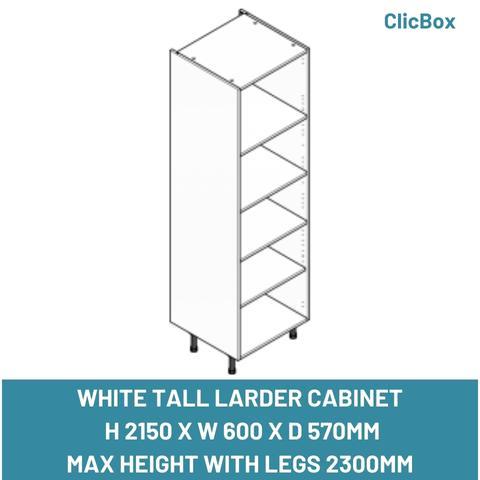 WHITE TALL LARDER CABINET  H 2150 X W 600 X D 570MM MAX HEIGHT WITH LEGS 2300MM